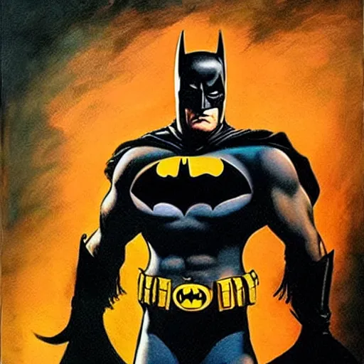 Prompt: an ultra - realistic painting of batman in the style of frank frazetta. 4 k. ultra - realistic. highly detailed. dark fantasy. epic lighting.