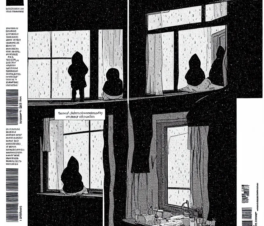 Image similar to sadie sink in hoodie sits on windowsill, knees tucked in | rain falls at night : storyboard, scifi cyberpunk. by gabriel hardman, joe alves, j. todd anderson, chris bonura. cinematic atmosphere, detailed and intricate, perfect anatomy