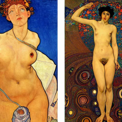 Image similar to a goddess of transcendential consciousness, contrapposto, egon schiele, gustav klimt, alphonse mucha, retro futurism