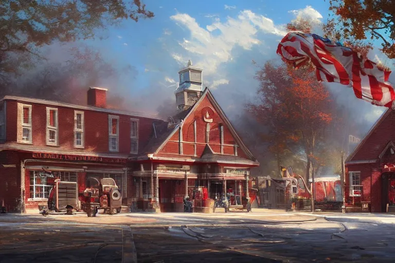 Prompt: highly detailed 4K matte painting of a firehouse in america on a sunny day digital art by Greg Rutkowski and Thomas Kinkade, trending on Artstation