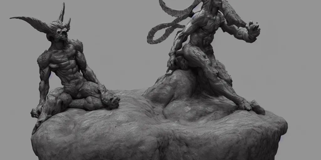 Image similar to a statue of a demon sitting on a rock by senior character artist, zbrush central contest winner, new sculpture, sketchfab, zbrush, rendered in maya