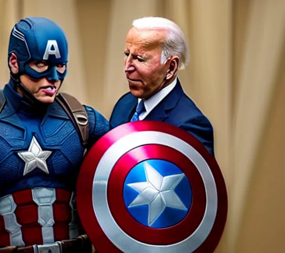 Prompt: photo of captain America violently hitting Joe Biden with his shield