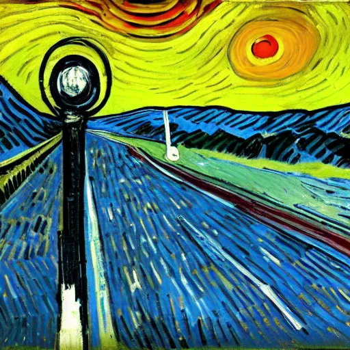 Image similar to light pole at night. nostalgic. bike. empty road. van gogh style. dark colors. high contarst light