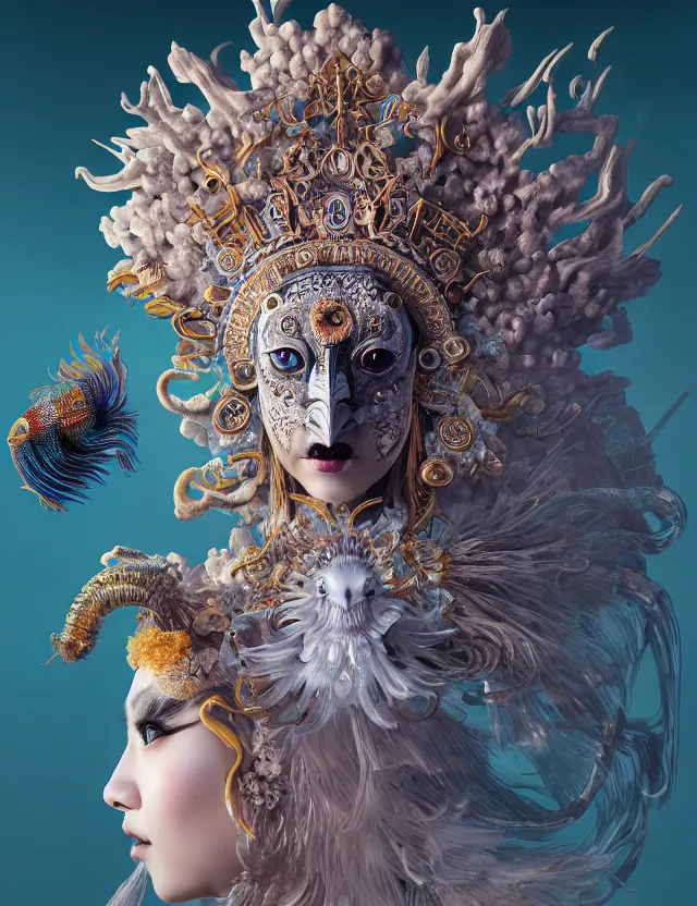 Image similar to 3 d goddess close - up portrait with crown, ram skull. beautiful intricately detailed japanese crow kitsune mask and clasical japanese kimono. betta fish, jellyfish phoenix, bioluminescent, plasma, ice, water, wind, creature, artwork by tooth wu and wlop and beeple and greg rutkowski