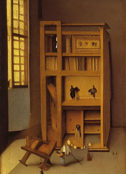 Image similar to bookshelf with children toys, medieval painting by jan van eyck, johannes vermeer, florence