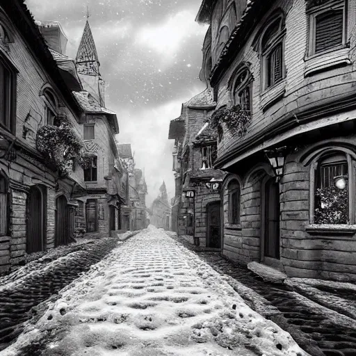 Image similar to an ultra detailed black and white matte painting of the quaint town of galic, grid shaped city cobblestone streets, fantasy city, the morning after a heavy snowfall, wind, inspiring gothic architecture, ultrawide lense, aerial photography, unreal engine, exquisite detail, 8 k, art by greg rutkowski and alphonse mucha