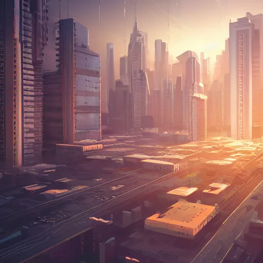 Image similar to sci fi megacity made in blender, in the style of Ian hubert , high quality, lots of detail, futuristic, photoshop post process, realistic, warm lighting, warm atmosphere