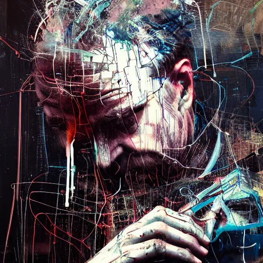 Image similar to man stealing the energy from another man, wires, cybernetic machines and decay moody hyperrealism 8 k photo atmospheric by jeremy mann francis bacon and agnes cecile ink drips paint smears digital glitches glitchart