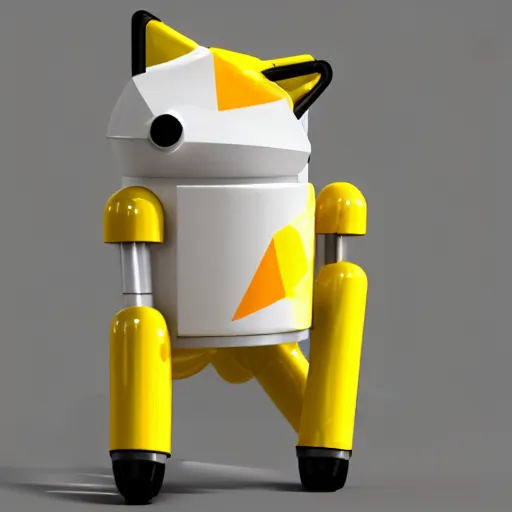 Prompt: a mechanical fox android, hydraulic joints, yellow and white construct, stylised, digital art