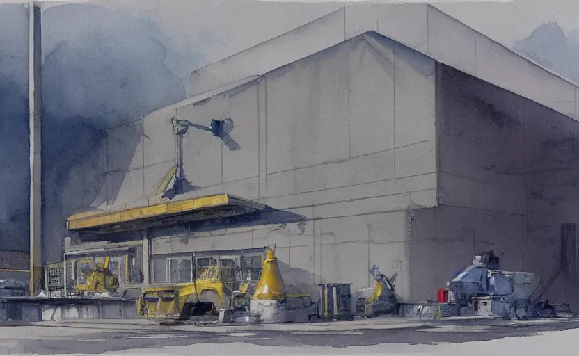 Image similar to concept art of a concrete factory exterior, pinterest, artstation trending, behance, watercolor, by coby whitmore, silver, laser light,