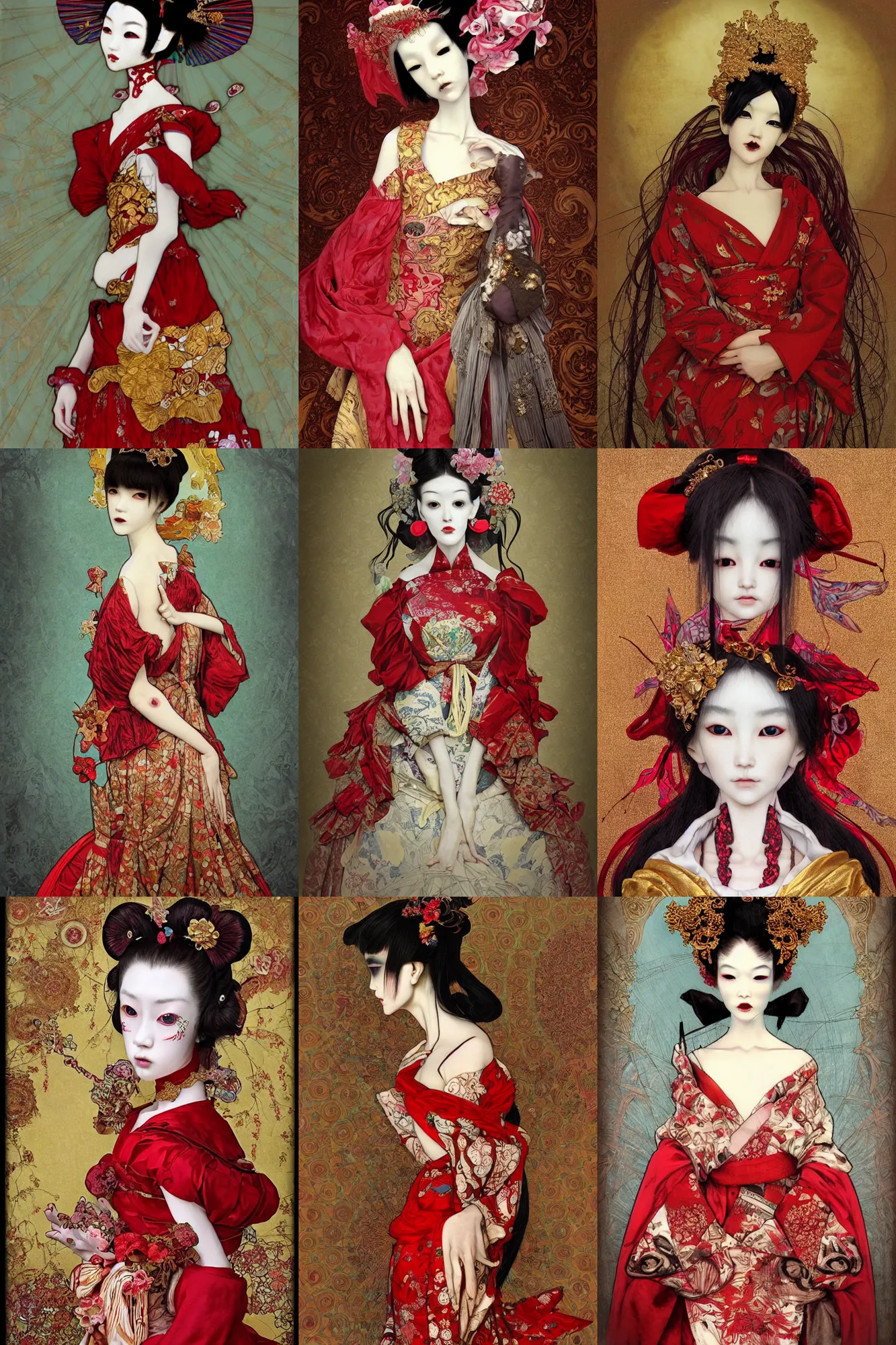 Prompt: photorealistic avant - garde vogue portrait of an emaciated japanese bjd geisha queen with a long neck in a victorian lolita fashion red dress in the style of cosmic horror by nekro, alphonse mucha, dmt art, intricate detail, cgsociety, rococo, gold leaf art