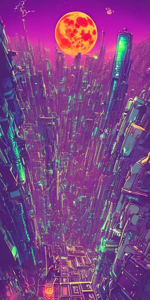 Image similar to astronaut cyberpunk surreal upside down city with a full moon, neon lights, sharp edges, flat colors, cell shaded, wide angle lens by moebius, Jean Giraud, trending on artstation