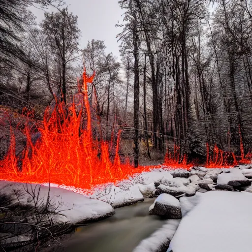 Prompt: a landscape picture of a cabin in a forest during winter with a stream of molten lava flowing next to it