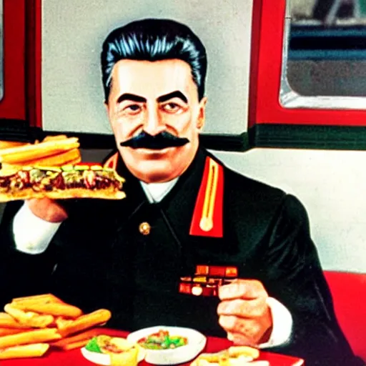 Image similar to joseph stalin enjoying a happy meal at mcdonald's