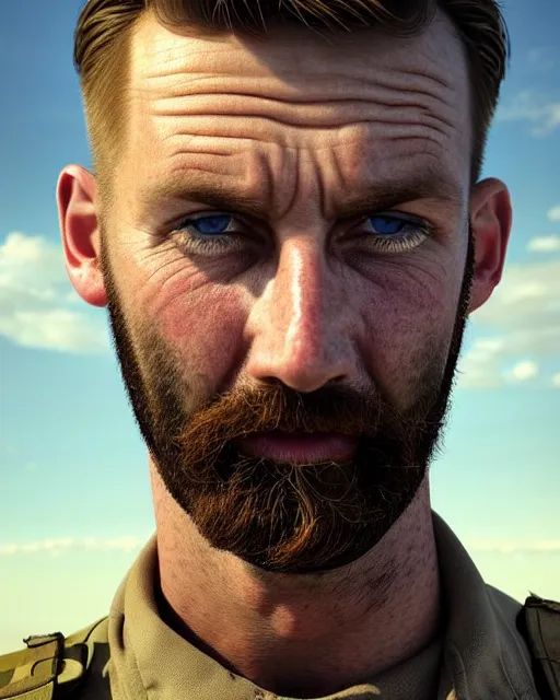 Image similar to portrait of muscular, tired and alcoholic 3 0 - year - old handsome man with short darkblonde hair, serious sad look in his eyes, dirty beard, blue eyes, wearing dirty soldier uniform, on the desert, hyper realistic face, beautiful eyes, character art, art by mark brooks, hyperdetailed, cryengine, trending on artstation, digital art
