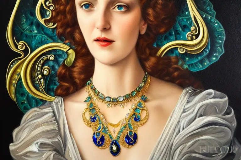 Image similar to highly detailed oil painting, front view, very realistic gemstones, art nouveau, ornate, delicate, brilliant sapphire choker, necklace on display, dramatic light,