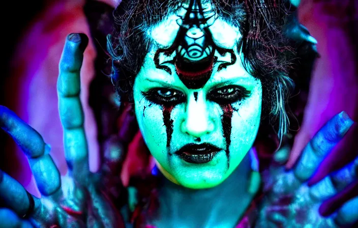 Prompt: dark mythology kali psycho stupid fuck it insane, looks like kali but cant seem to confirm, cinematic lighting, psychedelic photoluminescence experience, various refining methods, micro macro autofocus, ultra definition, award winning photo, to hell with you, devianart craze, photograph taken by michael komarck