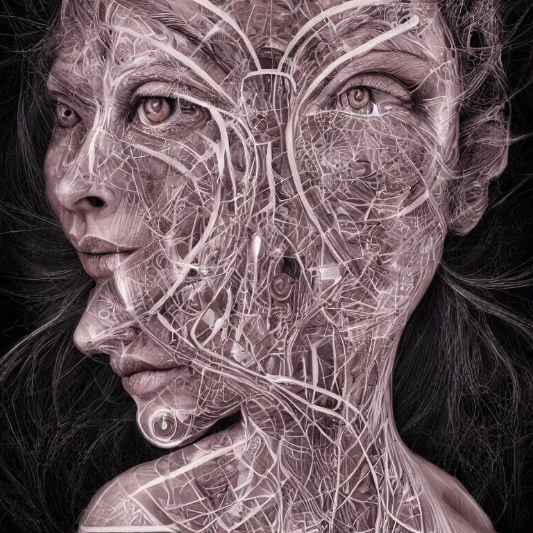 Image similar to An epic photo illustration of female symmetrical portrait by Michael Sydney Moore, Alex Grey, Irakli Nadar, hyper detailed, 50mm, award winning photography