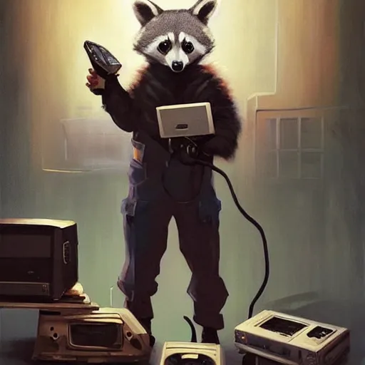 Image similar to greg manchess painting of a trash panda character, holding a box of cables and standing next to old electronic equiptment, medium shot, asymmetrical, profile picture, organic painting, night time, matte painting, bold shapes, hard edges, street art, trending on artstation, by huang guangjian and gil elvgren and sachin teng