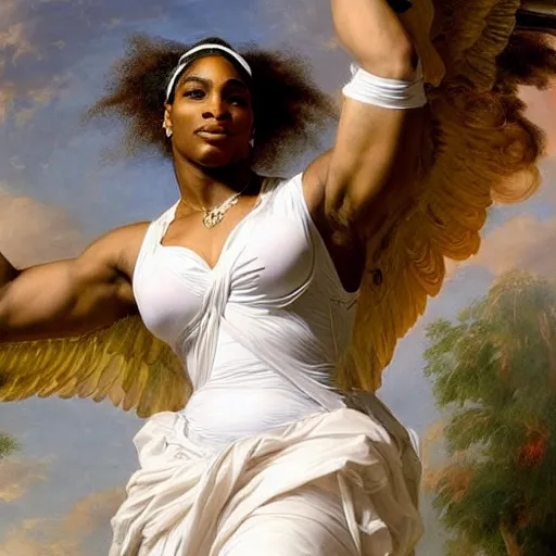 Image similar to Portrait of Serena Williams as Nike Goddess, large wings, luxuriant, dreamy, eternity, romantic, strong pose, highly detailed, in the style of Franz Xaver Winterhalter, highly detailed, in the style of Aetherpunk