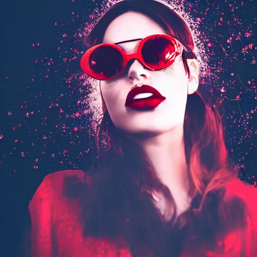 Prompt: A beautiful portrait painting of a Goddess of steam punk, wearing sunglasses, distained, red lipstick, smooth porcelain skin, black blurry backdrop, particles, foggy atmosphere, VHS colours, divine