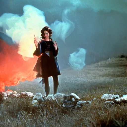 Prompt: the image is a folklore fiction lost hollywood film still 1 9 8 0 s photograph of a scene featuring a scene that involves smoke. vibrant cinematography, anamorphic lenses, crisp, detailed image in 4 k resolution.