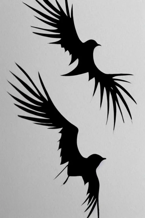 Prompt: a simple artistic tattoo design of minimalist flying birds, black ink, abstract geometric logo, line art