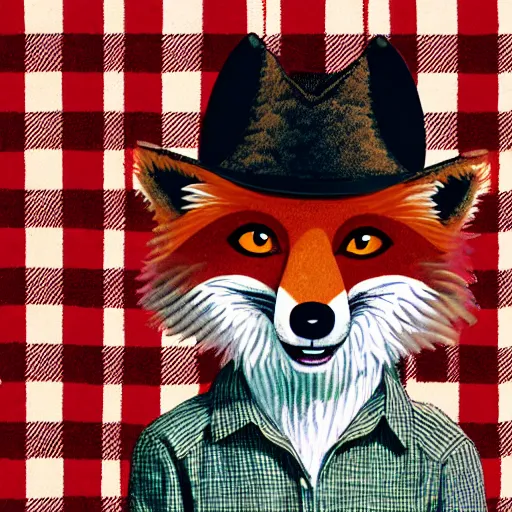 Image similar to a female fluffy anthropomorphic fox animal, head of fox, wearing cowboy hat, wearing plaid shirt, playing guitar, in a field, barn in background, album cover style