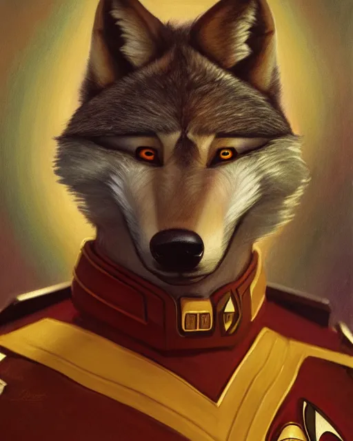 Image similar to painting of anthromorphic male wolf in starfleet uniform, star trek, zootopia, fursona, furaffinity, 4 k, deviantart, furry art, very expressive detailed face, gaston bussiere, craig mullins, jc leyendecker, gustav klimt, artgerm, greg rutkowski, alphonse mucha