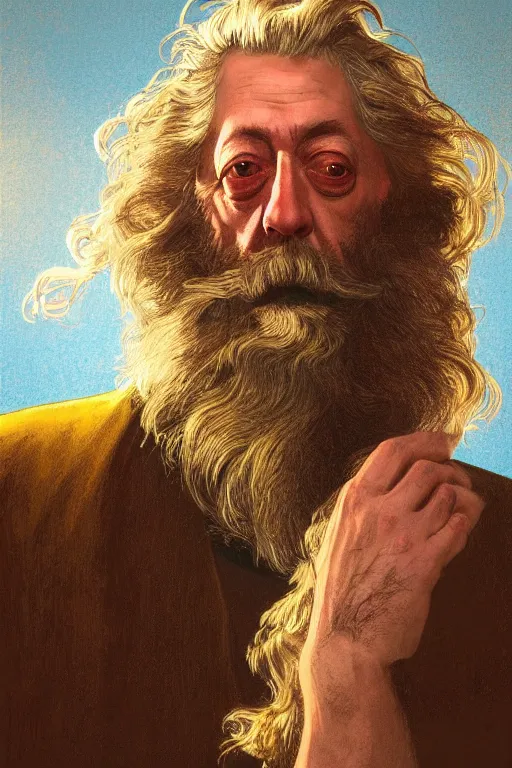 Image similar to a close-up portrait of Alan Moore, dramatic backlighting, golden hour, autochrome, high contrast, highly detailed, sharp focus, digital painting, concept art, illustration, rock, comicpunk, trending on artstation, art by greg rutkowski and Shepard Fairey, composition by alphonse mucha