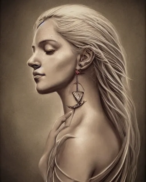 Image similar to tattoo sketch of beautiful greek goddess aphrodite holding a bow and arrow, arrowhead earrings, beautiful piercing eyes, flowing blonde hair, realistic face, hyper realistic, in the style of greg rutkowski, fantasy, amazing detail, epic, intricate, elegant, smooth, sharp focus