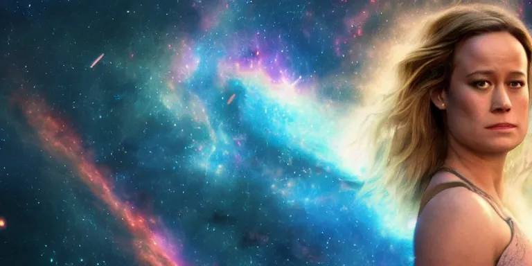 Prompt: film still of unrealistically curvy brie larson, focus on facial - detail!!!!!!, walking on the bifrost, toward an endless abyss in space, wearing a flowy bikini inspired by ancient roman clothing, beautiful astronomical background with galaxies and nebulas, lack of sunlight, 8 k resolution, cinematic lighting, anatomically correct, by christopher nolan