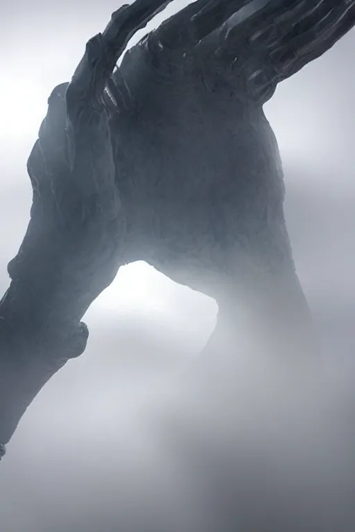 Prompt: giant hand sculpture covered in fog in style of prometheus xenomorph mythology, detailed, beautiful, god rays, unreal