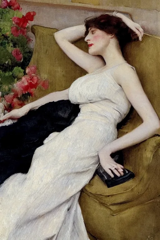 Image similar to european woman in a gown drunk laying on couch, bloom flowers, modern, eclectic, illustration, by ramon casas