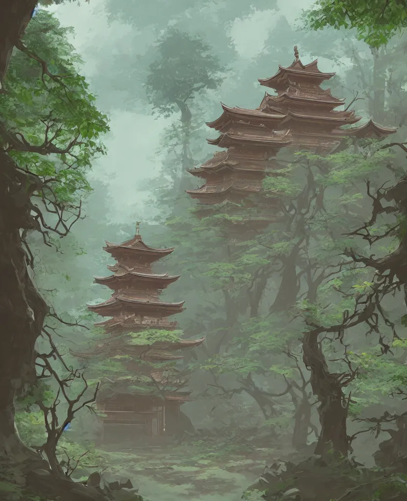 Image similar to concept art by sylvain sarrailh of a funny haunted japan temple in a forest