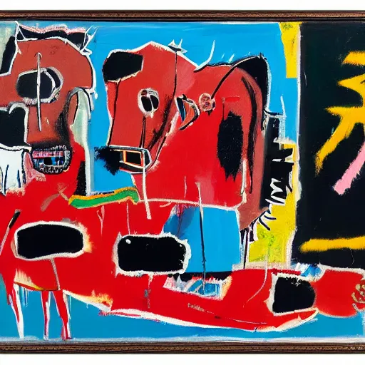 Prompt: bull and bear fighting, oil on canvas, basquiat style