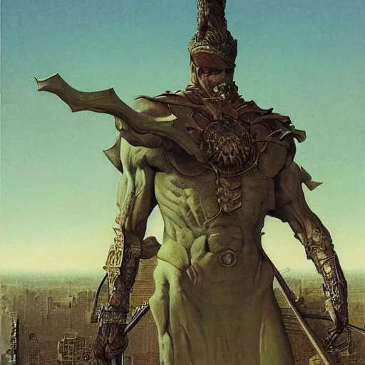 Image similar to portrait of immense, majestic, surreal, terrifying yosh from nintendo standing triumphant over the city, perfectly clear face, by j. c. leyendecker, bosch, and beksinski