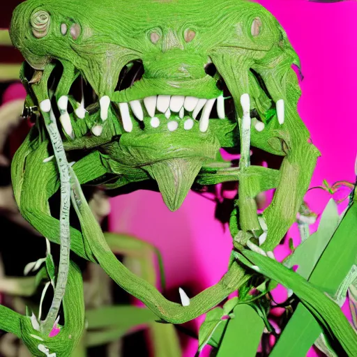 Image similar to studio photograph of a thin green vine creature with vine limbs and a pink blooming flower mouth with many sharp teeth