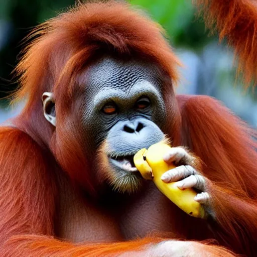 Image similar to an orangutang putin eating a banana