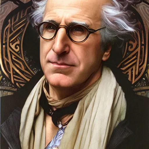 Prompt: realistic detailed face portrait of LARRY DAVID by Alphonse Mucha, Ayami Kojima, Amano, Greg Hildebrandt, and Mark Brooks, Art Nouveau, Neo-Gothic, gothic