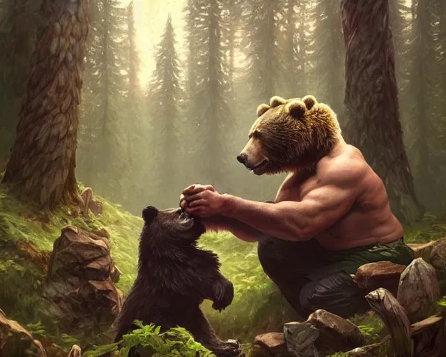 Image similar to old man, in the woods, arm wrestling, a bear, deep focus, d & d, fantasy, intricate, elegant, highly detailed, digital painting, artstation, concept art, matte, sharp focus, illustration, hearthstone, art by artgerm and greg rutkowski and alphonse mucha