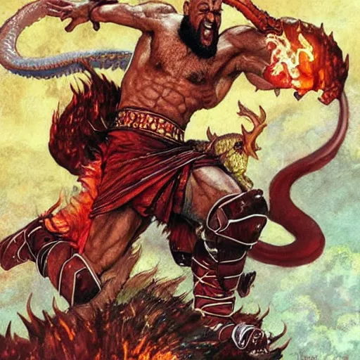 Prompt: a detailed rendition of kratos as lebron james riding a gigantic fire breathing dragon, art by norman rockwell