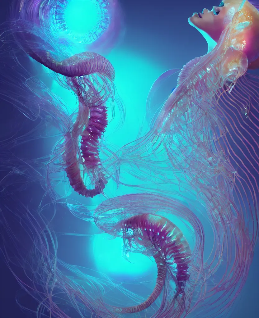 Image similar to goddess close-up portrait. orchid jellyfish phoenix head, nautilus, skull, betta fish, bioluminiscent creatures, intricate artwork by Tooth Wu and wlop and beeple. octane render, trending on artstation, greg rutkowski very coherent symmetrical artwork. cinematic, hyper realism, high detail, octane render, 8k