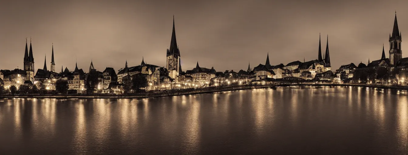 Prompt: Digital painting of Neo-Gothic Zurich, Limmat and the lake at night, wide angle, volumetric light, hyperdetailed, artstation, cgsociety, 8k