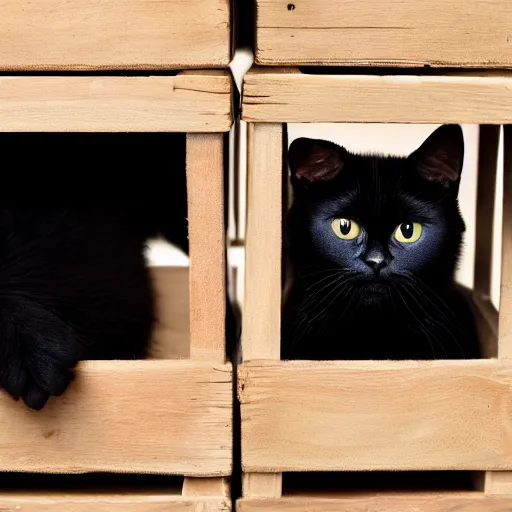 Prompt: a black cat with a white spot on its chest, surrounded by wooden crates