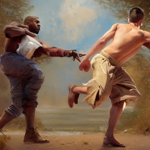 Image similar to a beautiful painting of kanye west fighting pete davidson, rendered art, highly detailed painting by gaston bussiere, craig mullins, j. c. leyendecker 8 k, trending on artstation, art, fighting, watercolor