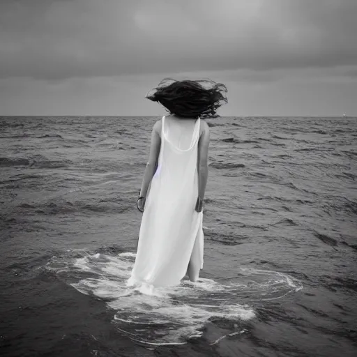 Prompt: A woman. melancholic. in the middle of the ocean. detailed. photorealism. granular photography. tumultuous sea. cloudy. long wavy hair. long wavy white dress. black and white. 24mm lens. shutter speed 4/1. iso 100. f/2.8 W-1024