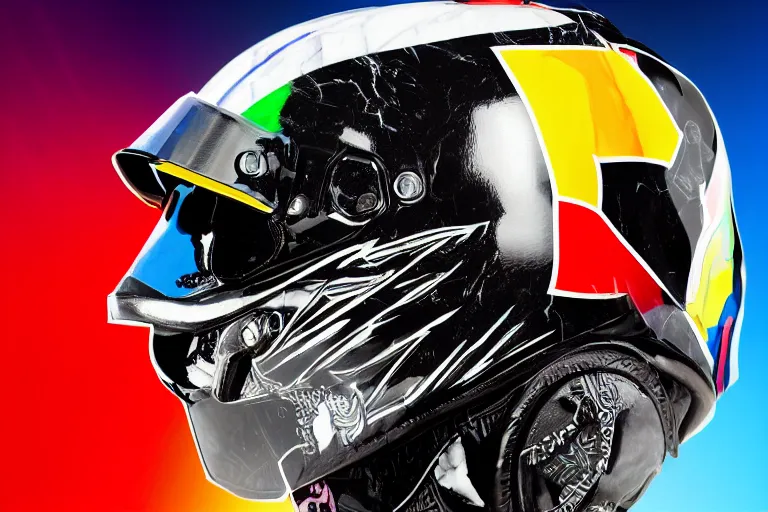 Image similar to photo of a glossy black marble statue of a girl with colorful motocross logos and motorcycle helmet with reflective mirrored visor, carved marble statue, fine art, in the style of virgil abloh, 8 k, 4 k, detailed, realistic, beautiful, symmetrical