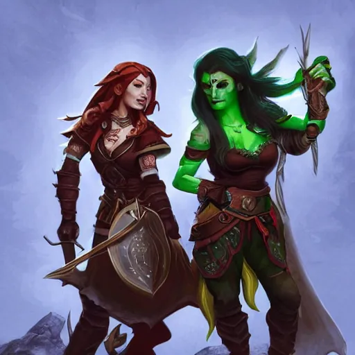 Prompt: female half-elf bard with Orc fighter, Jade, dungeons and dragons, amazing detail, character concept art, illustration, fantasy, 4k