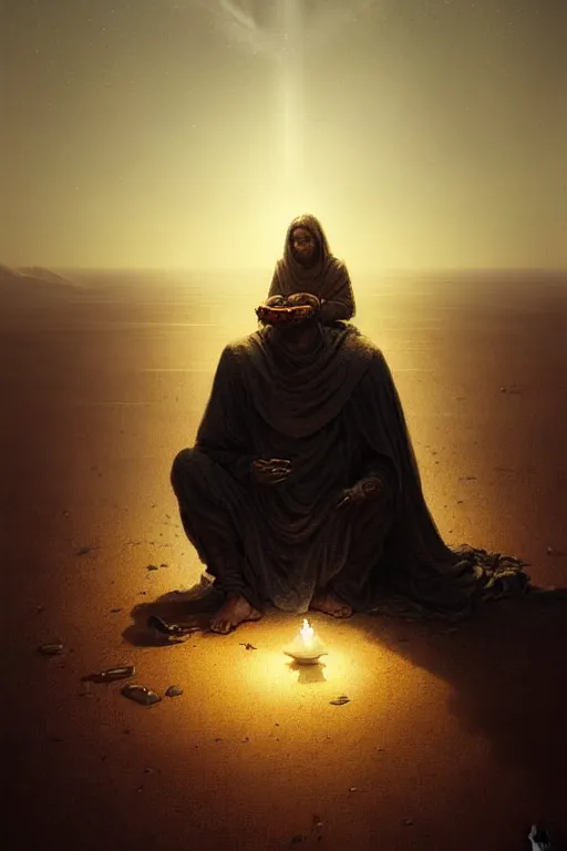 Image similar to lonely wanderer sitting at lap praying in desert, lit by the light of gods, abandoned by gods, hyperdetailed artstation cgsociety by greg rutkowski and by Gustave Dore